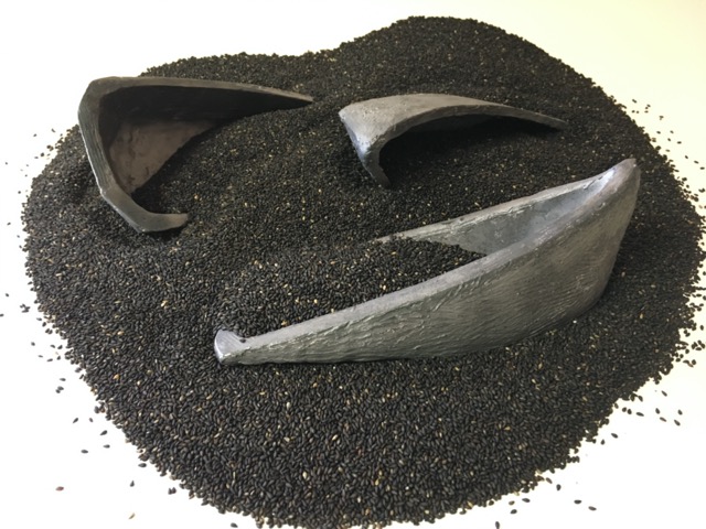 Abandoned in Place, cast iron and black sesame seeds, 3 ½ x 16 x 16 inches overall, $400, CN-16.035 